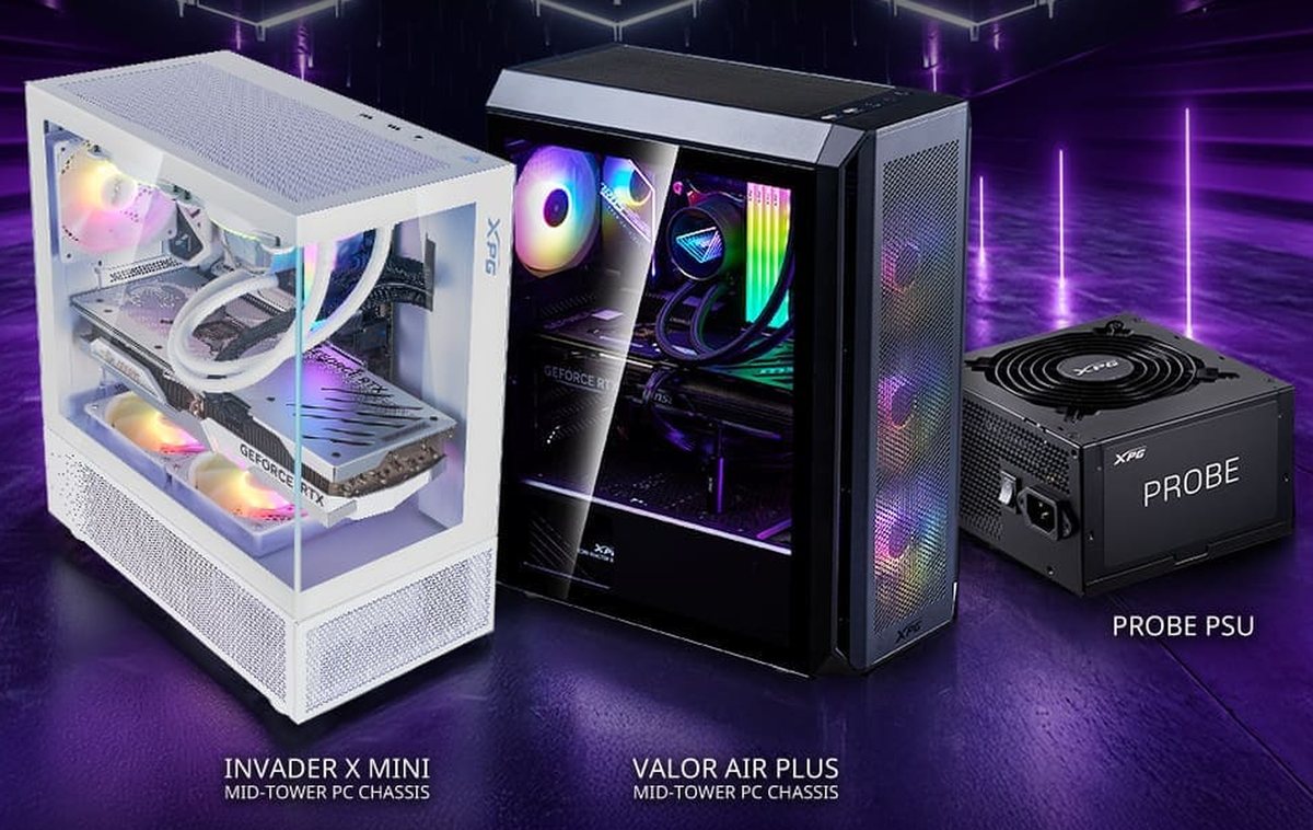 Three XPG products: the Invader X Mini and Valor Air Plus chassis, and the Probe power supply